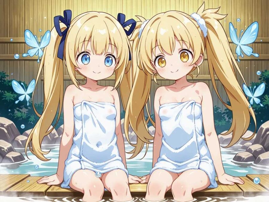 温泉にはいる金髪ロリ系双子美少女