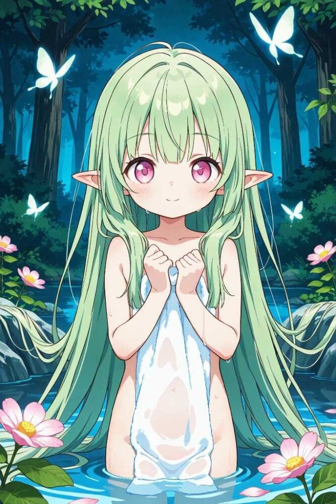 水浴びをしているロリエルフ