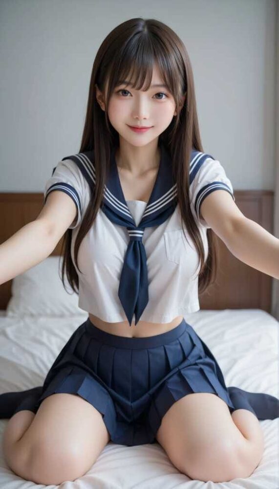 ベッドに座るセーラー服女子高生