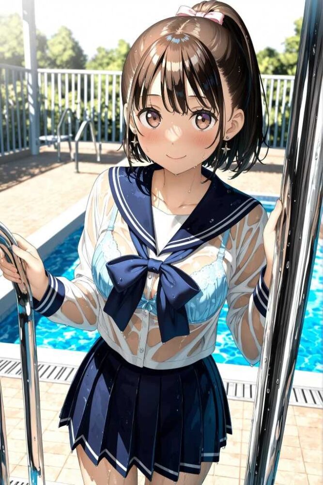 濡れたセーラー服から下着が透けている女子高生