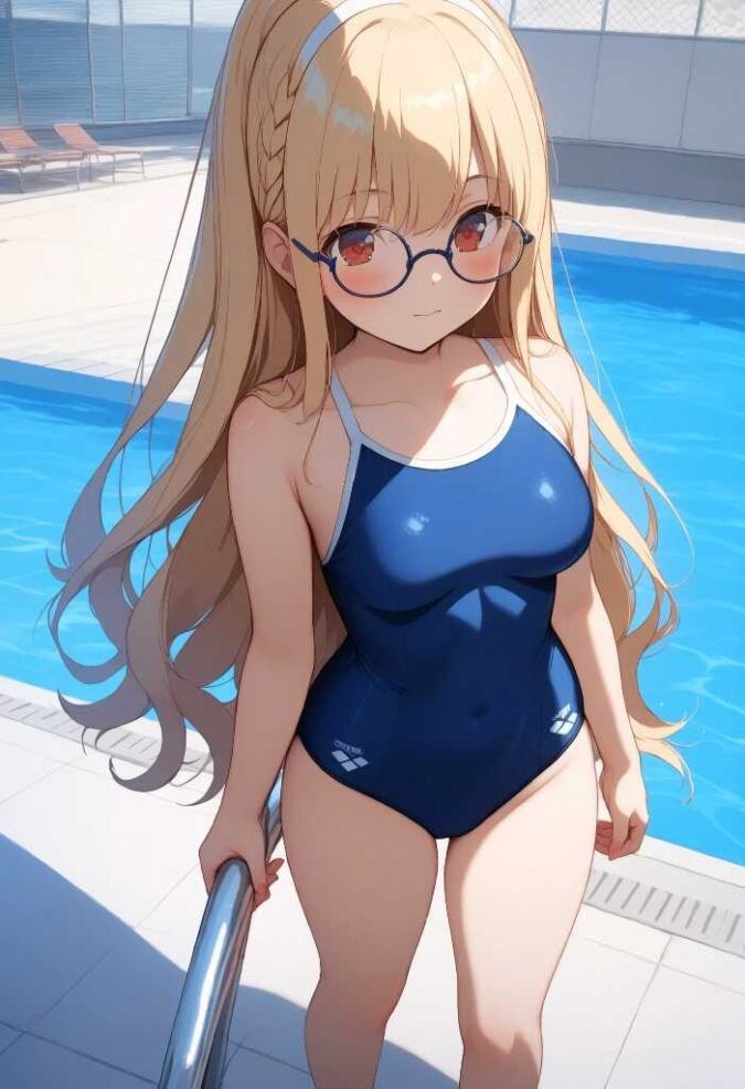 金髪メガネ美少女女子高生のスクール水着姿