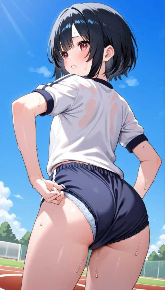 ブルマからのハミパンをなおす女子高生