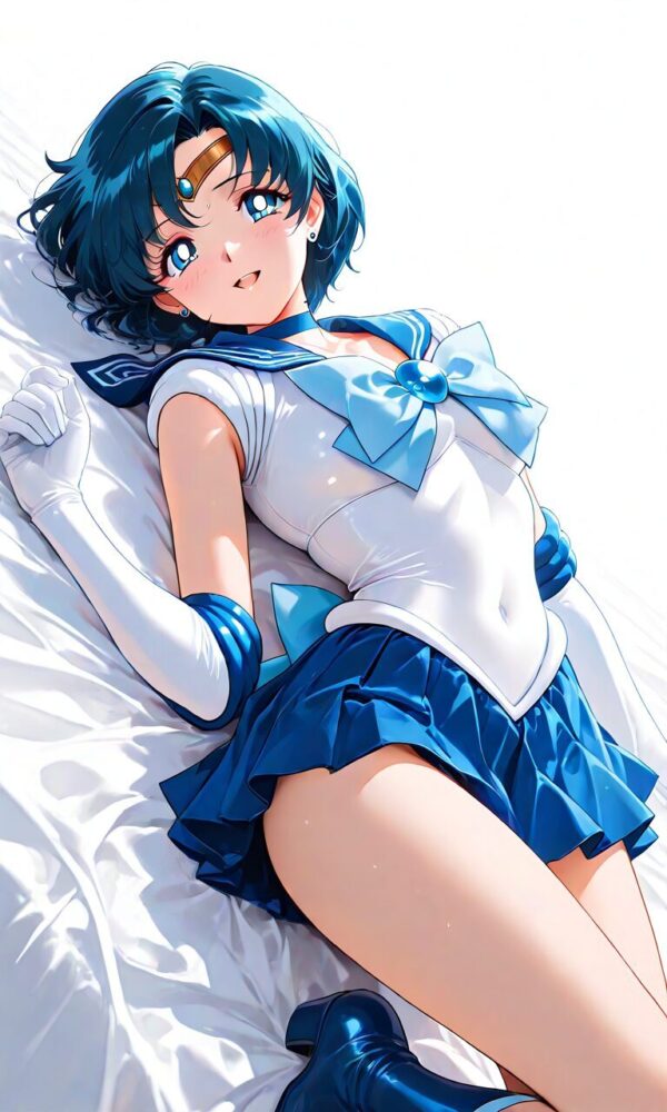 ベッドに横たわるセーラーマーキュリー水野亜美(セーラームーン)