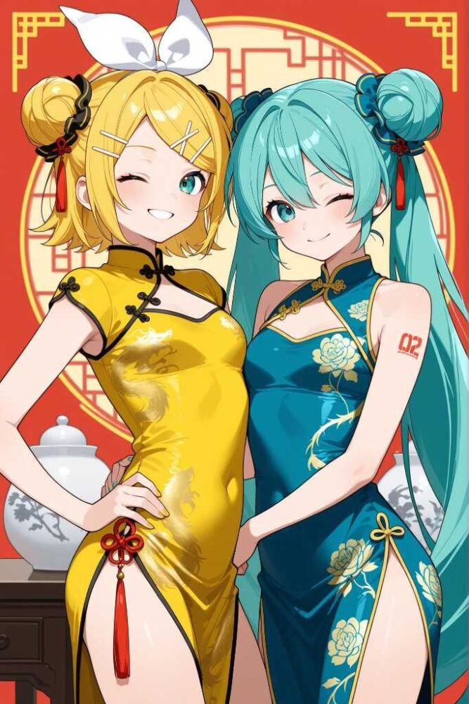 チャイナドレスを着た初音ミクと鏡音リン