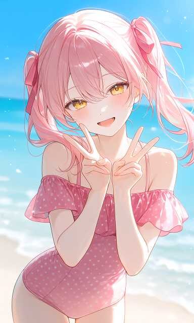 ピンク色のワンピース水着を着た美少女