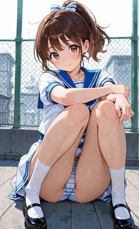 ポニーテール女子高生の縞々パンツ