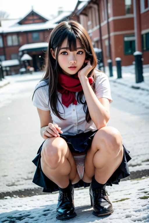 制服女子高生のしゃがみパンチラ