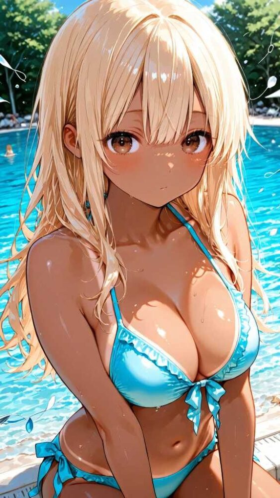 水色ビキニの金髪日焼け美少女
