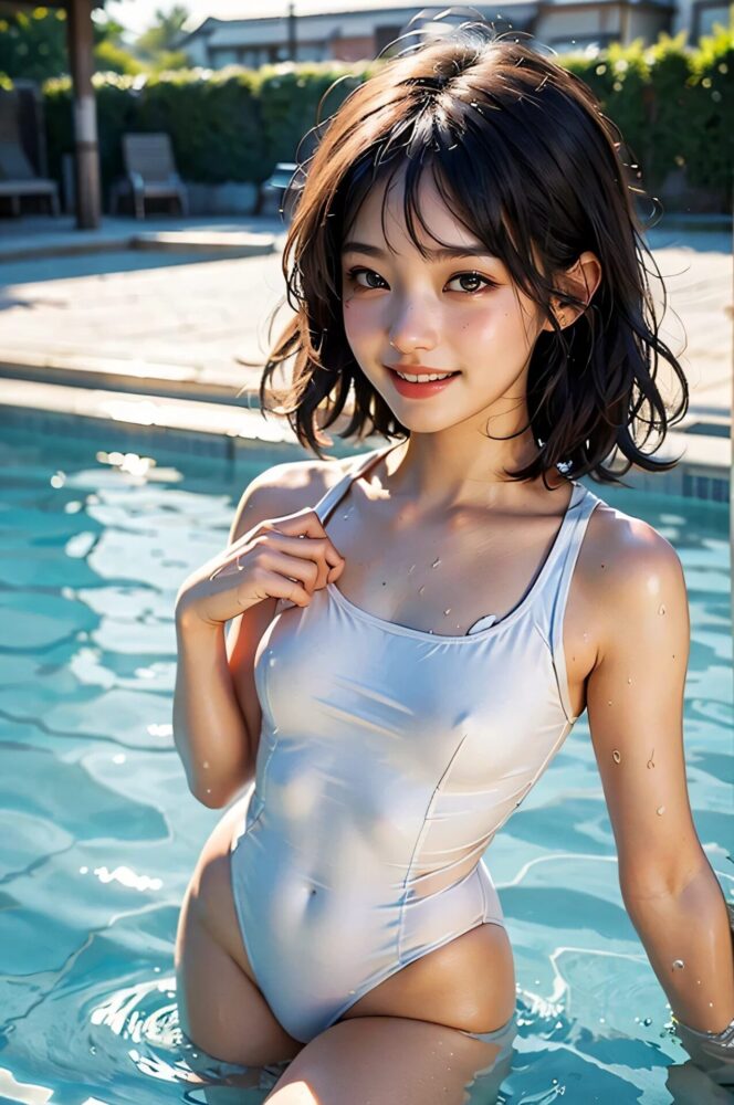 白スクール水着の美少女