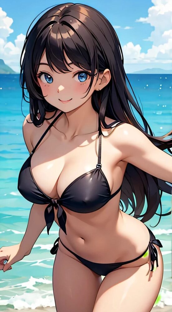 黒いビキニの健康的な美少女
