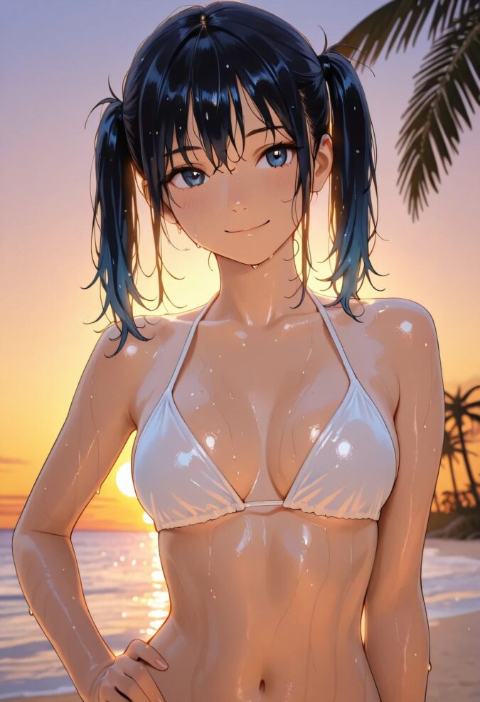 紐ビキニのツインテール美少女