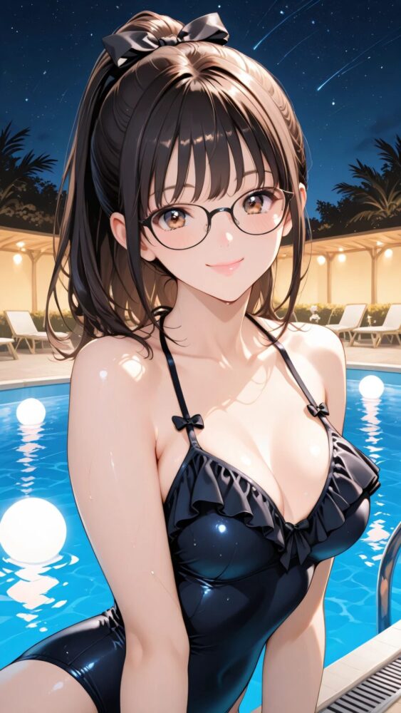 ナイトプールで遊ぶ眼鏡美少女