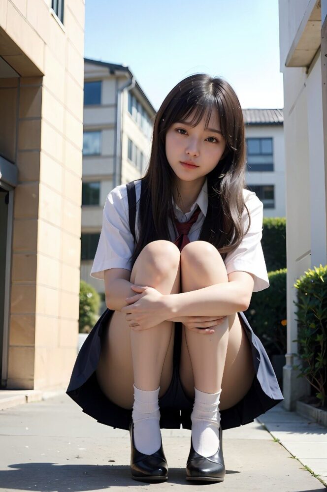 女子高生風の制服を着てしゃがみこんでる美少女のパンチラ