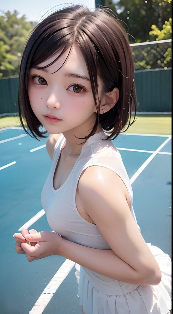 白テニスウェアのアイドル風美少女